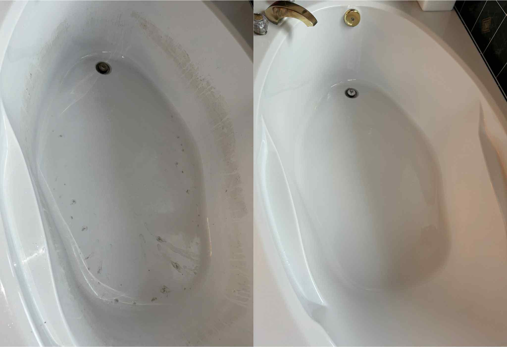 Side-by-side comparison of a bathtub before and after cleaning. The left shows a dirty tub with grime and stains, the right shows a clean, white tub with a shiny surface.