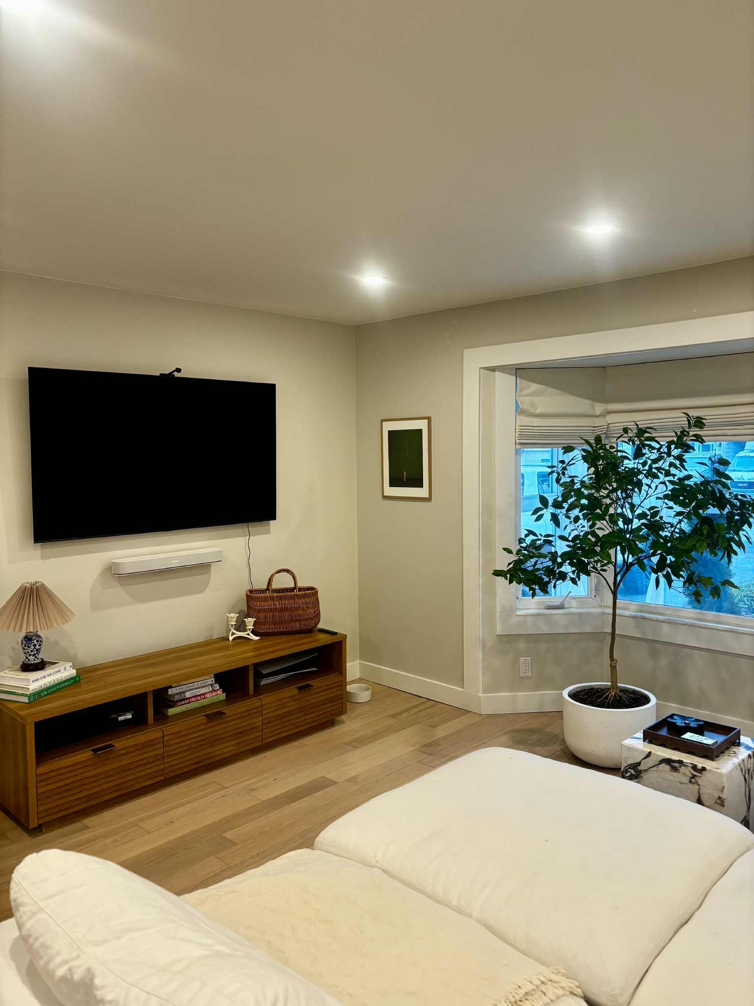 Living room with a white couch, wooden TV stand, mounted black TV, potted plant by window, small lamp, books, and a framed picture on the wall.