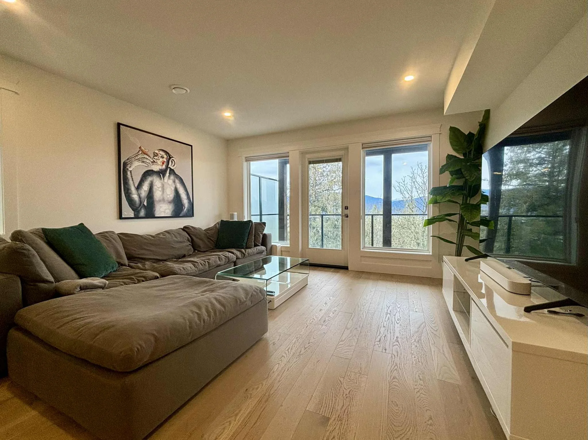 Living room with a large L-shaped brown sofa, green pillows, a glass coffee table, a sliding glass door leading to a balcony, windows with views of trees and mountains, a TV on a white stand, a large potted plant, and wall art of a monkey eating a ba