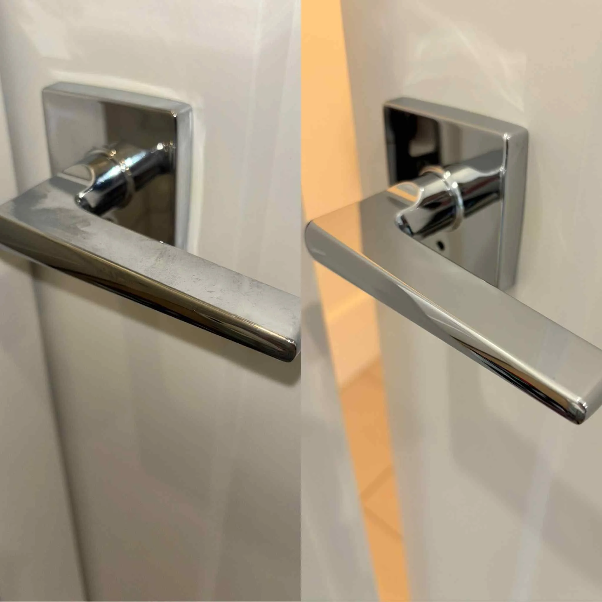 Close-up of a silver door handle on a white door, shown before and after being cleaned.