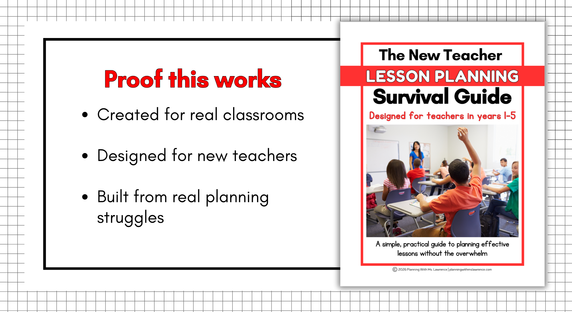 Book titled 'The New Teacher Lesson Planning Survival Guide' with a cover photo of a classroom of students and a teacher, designed for teachers in grades 1-5.