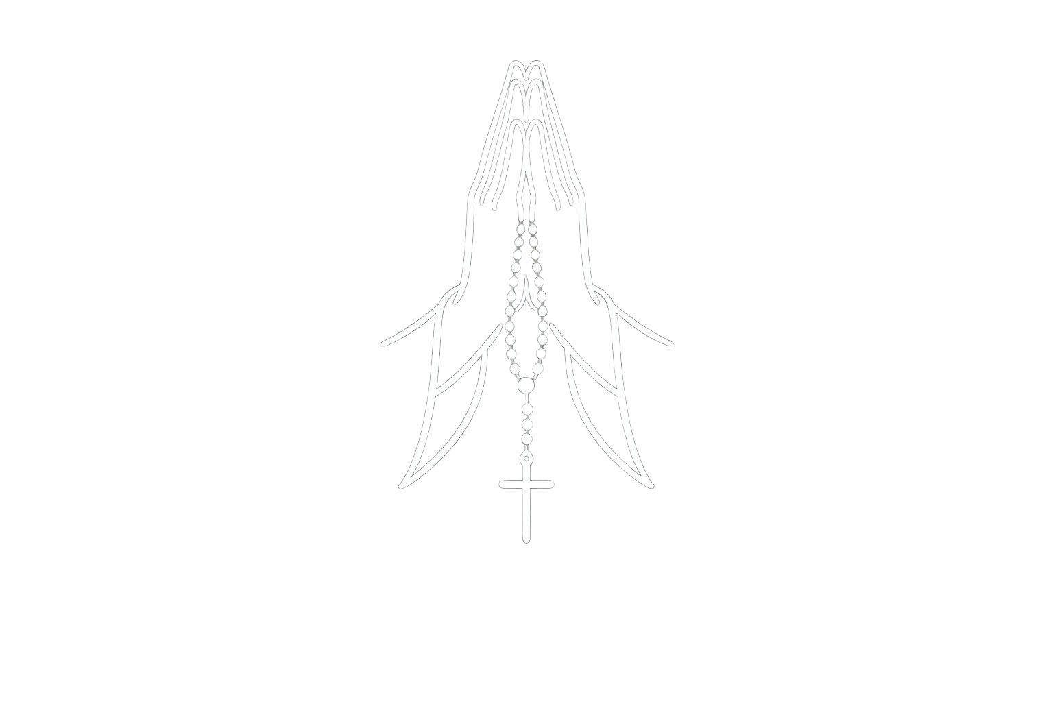 Black background with white outline of praying hands, rosary beads, and a cross.