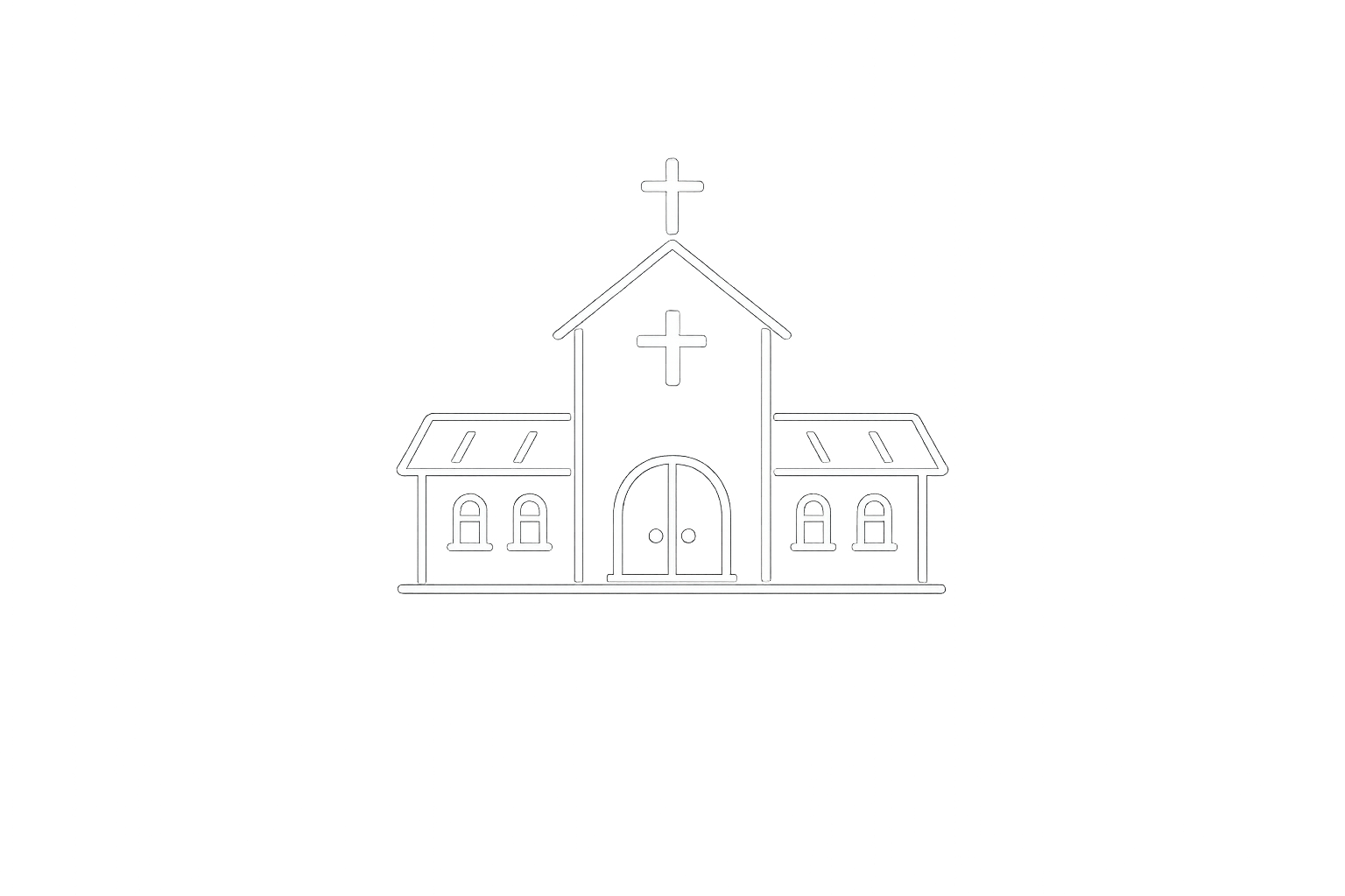 Neon outline of a church with a cross on top and two smaller wings, glowing against a black background.