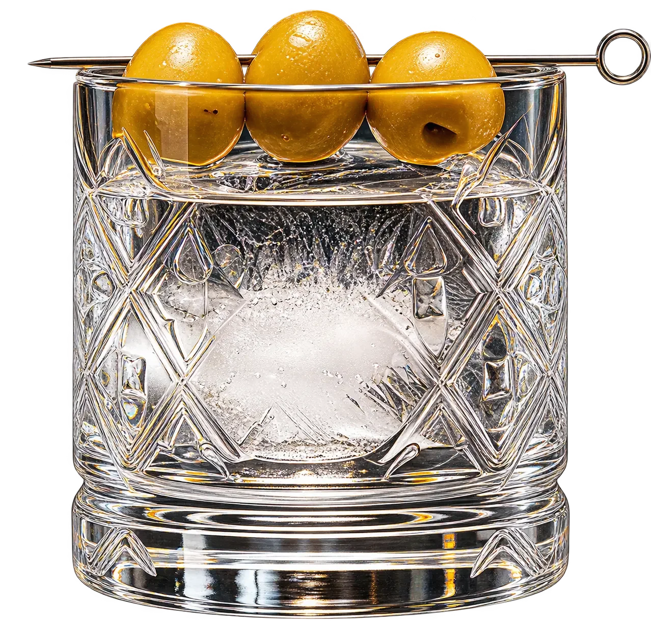 Dolph’s 5:1 Martini made with Hard Cut Vodka and extra-dry vermouth, garnished with three green olives