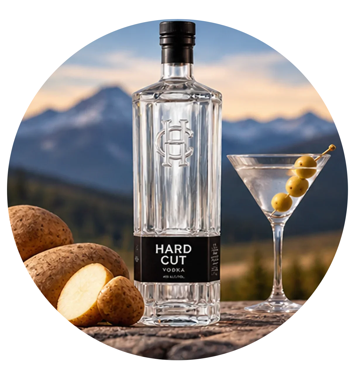 Hard Cut Vodka bottle with Idaho Russet potatoes and a vodka martini