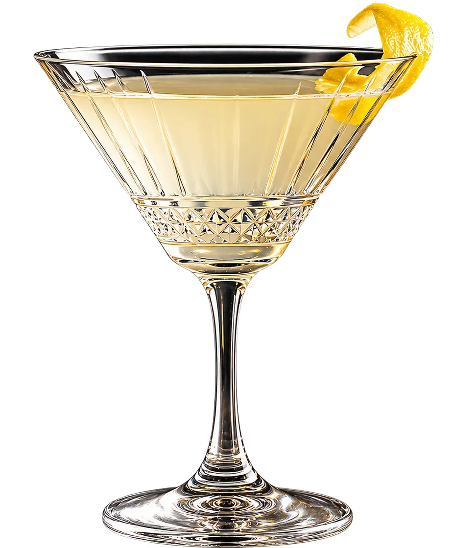 The Alpine Cut cocktail made with Hard Cut Vodka, gin and Lillet Blanc, garnished with a lemon twist