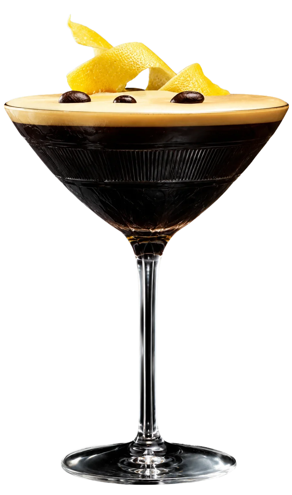 Hard Cut Vodka Espresso Martini with rich crema, three coffee beans and a lemon peel garnish