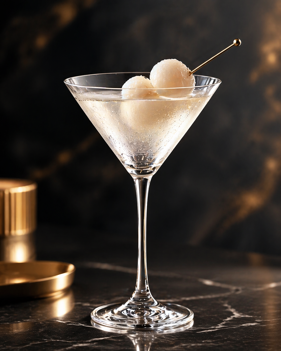 Hard Cut Lychee vodka cocktail served in a martini glass and garnished with two lychees