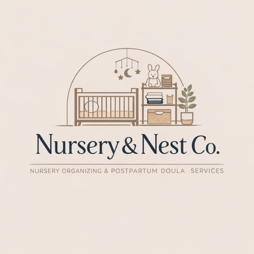 Logo for Nursery & Nest Co., featuring a crib, hanging mobile, a plush bunny, books, a storage box, a potted plant, and the company name with tagline about nursery organizing and postpartum doula services.