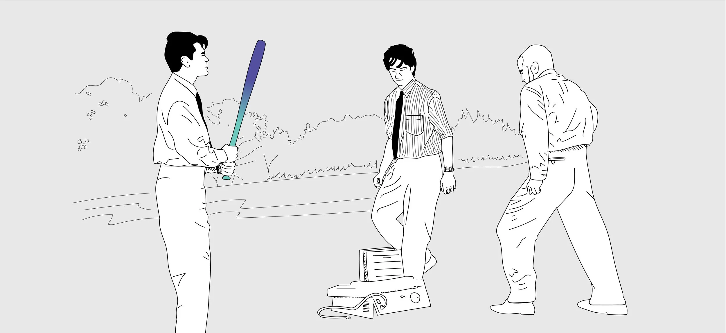 A comedic scene from the movie Office Space, A hand drawn illustration of three male office workers destroying an office printer