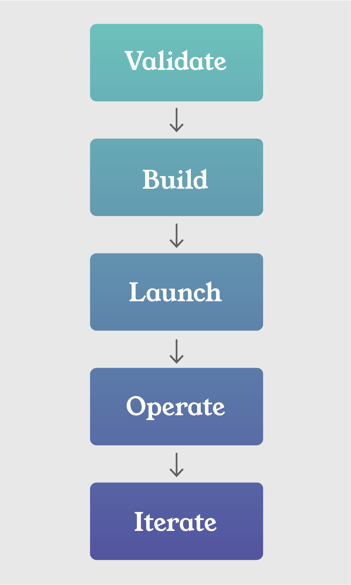 Flow chart: Validate -> Build -> Launch -> Operate -> Iterate