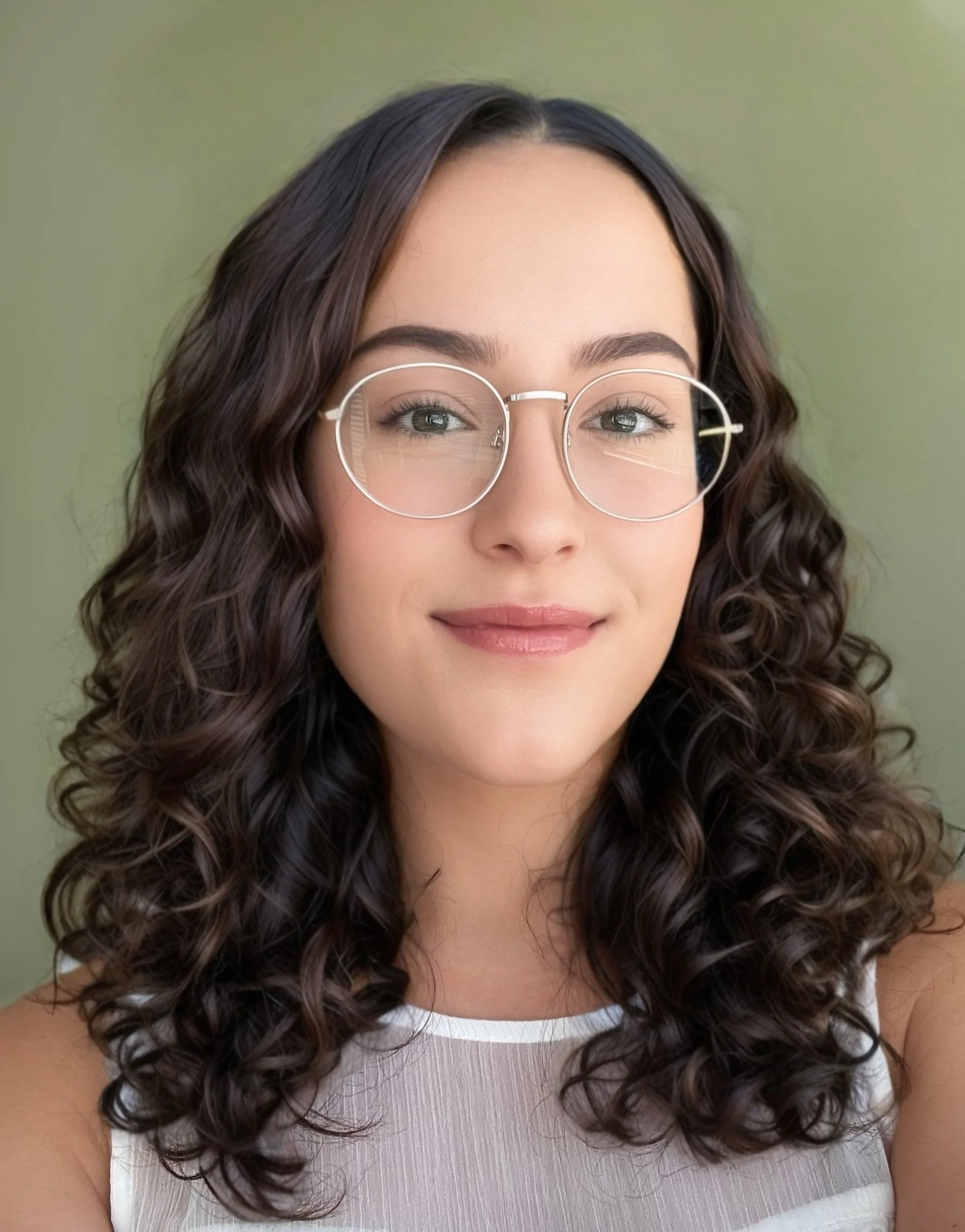 A woman with long, curly brown hair and glasses, smiling softly, wearing a sleeveless white top against a muted green background.