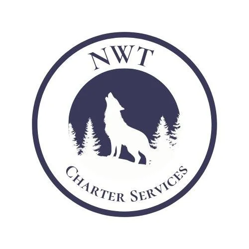 Logo with a howling wolf silhouette surrounded by pine trees and the text 'NWT Charter Services'.