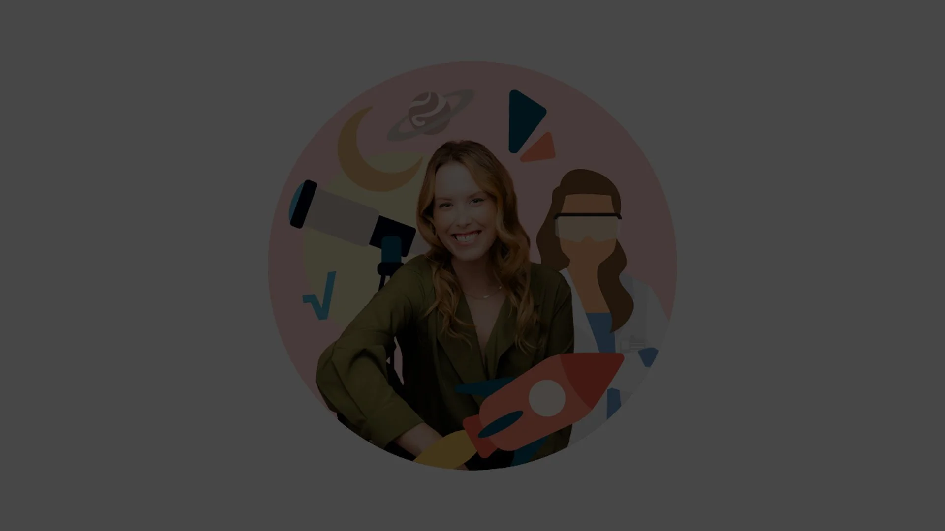 A smiling woman with wavy red hair wearing a green blazer standing in front of a colorful science and space themed background with illustrations of a telescope, rocket, moon, planet, and a scientist.