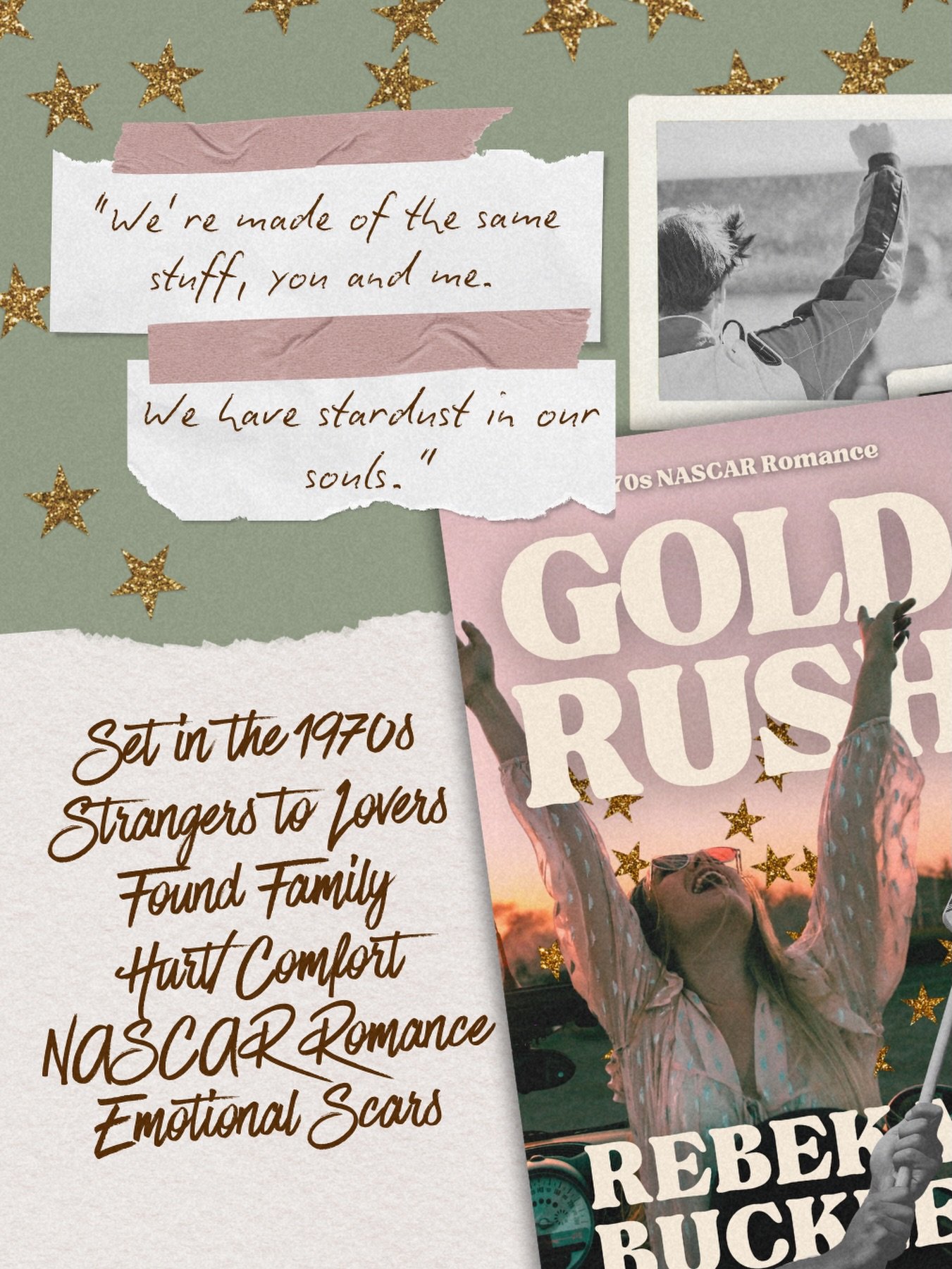 ✨ GOLD RUSH ✨ 

📖: Gold Rush: A 1970s NASCAR Romance by Rebekah Buckley. Available in ebook, paperback &amp; to read free on Kindle Unlimited: https://mybook.to/O5LwtCU

🏁Set in the 1970s
🤍Strangers to Lovers
🏁Found Family
🤍Hurt/Comfort
🏁Fast B