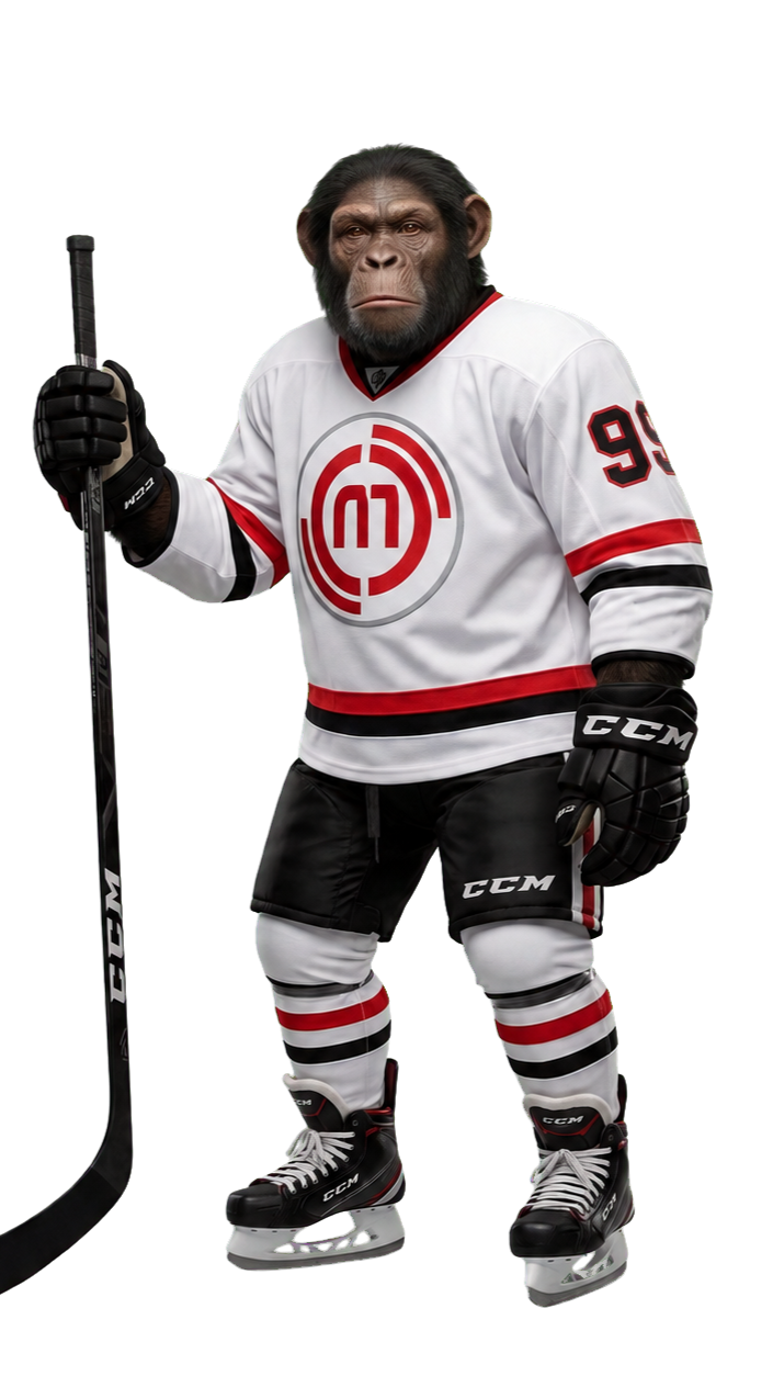 An anthropomorphic monkey dressed in a hockey uniform transformed into a lifelike animated hockey character