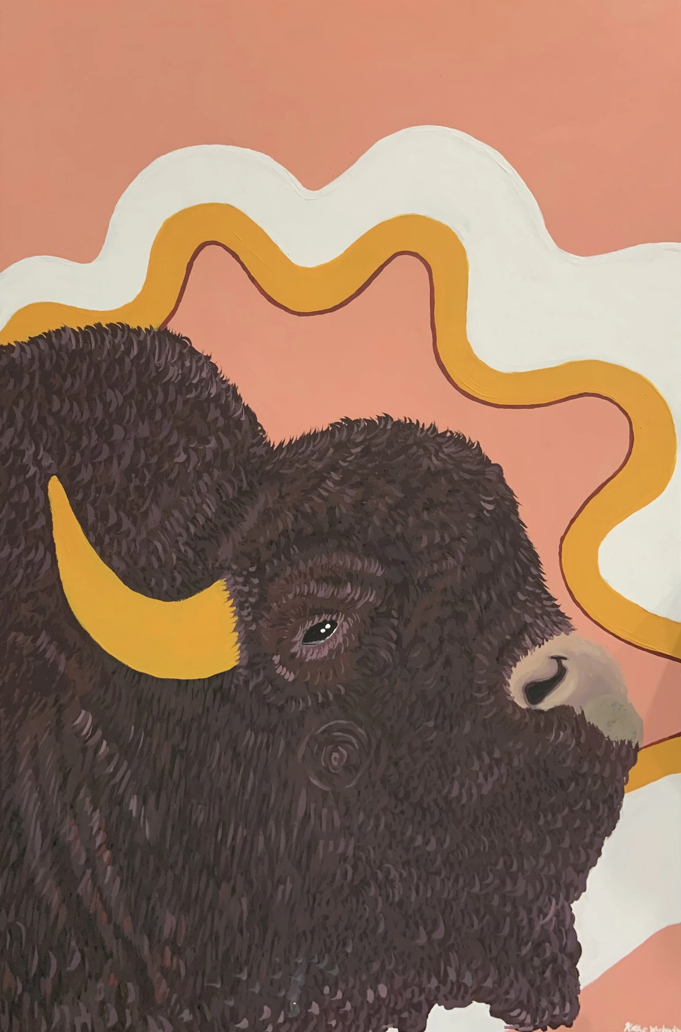 Close-up of a painting featuring a black furry bear with yellow horns and a colorful background with white, yellow, and pink swirling shapes.