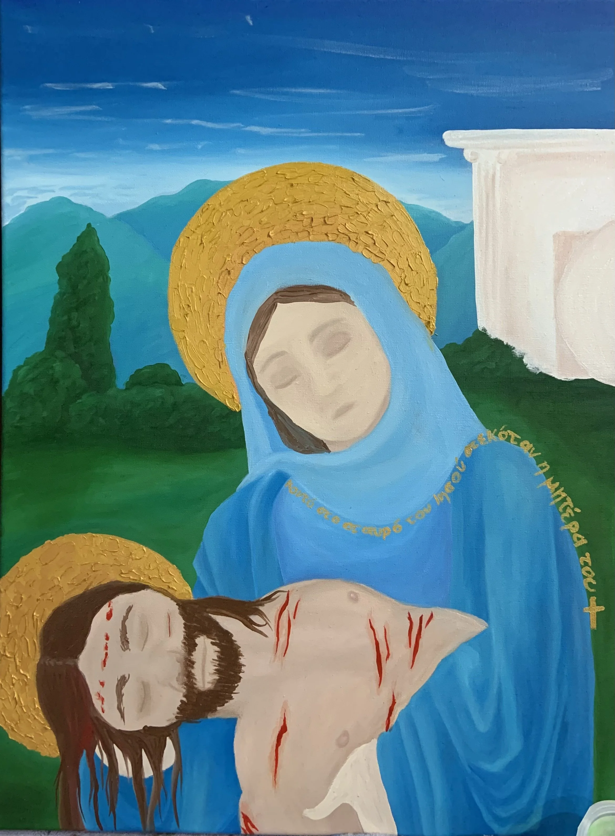 Painting of Jesus Christ with a crown of thorns being held by his earthly mother, who mourns her loss.