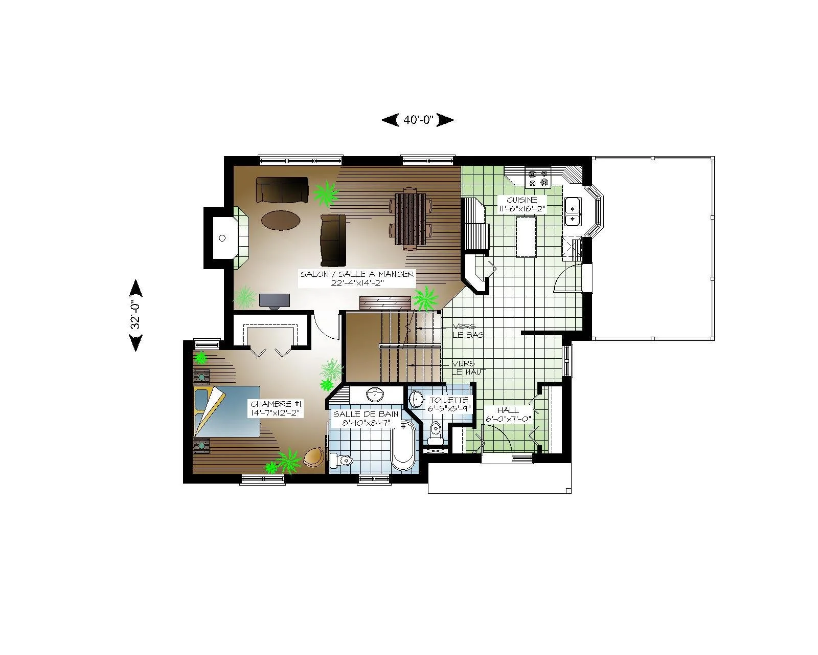 Plan d'une maison avec salon, salle à manger, cuisine, chambre principale, chambre secondaire, salle de bain, toilette, hall, et une véranda.