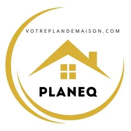 Logo d'une entreprise immobilière appelée PLANEQ, avec un dessin de maison en or et une inscription en ligne.