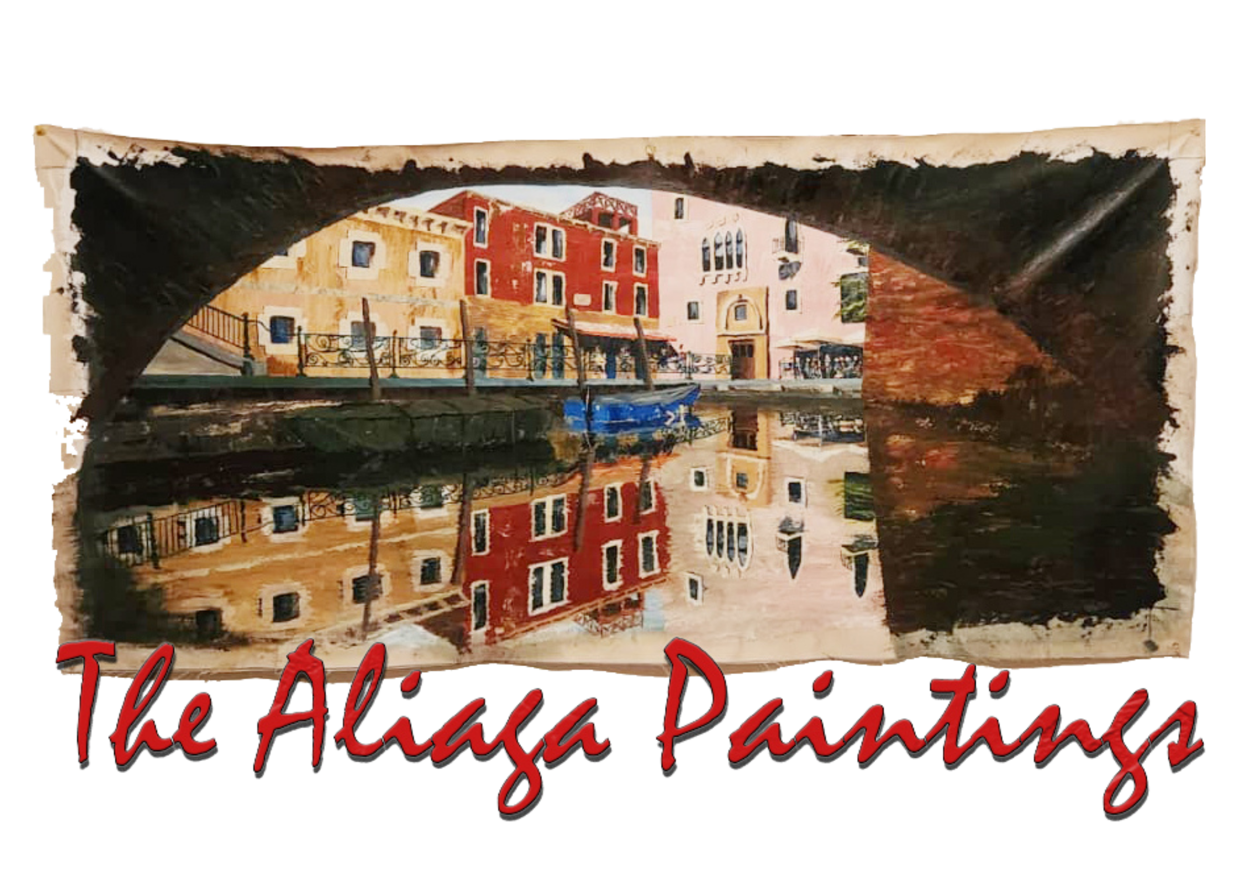 Painting of colorful buildings along a canal, reflected in the water, with the words "The Aliança Paintings" written in red cursive at the bottom.