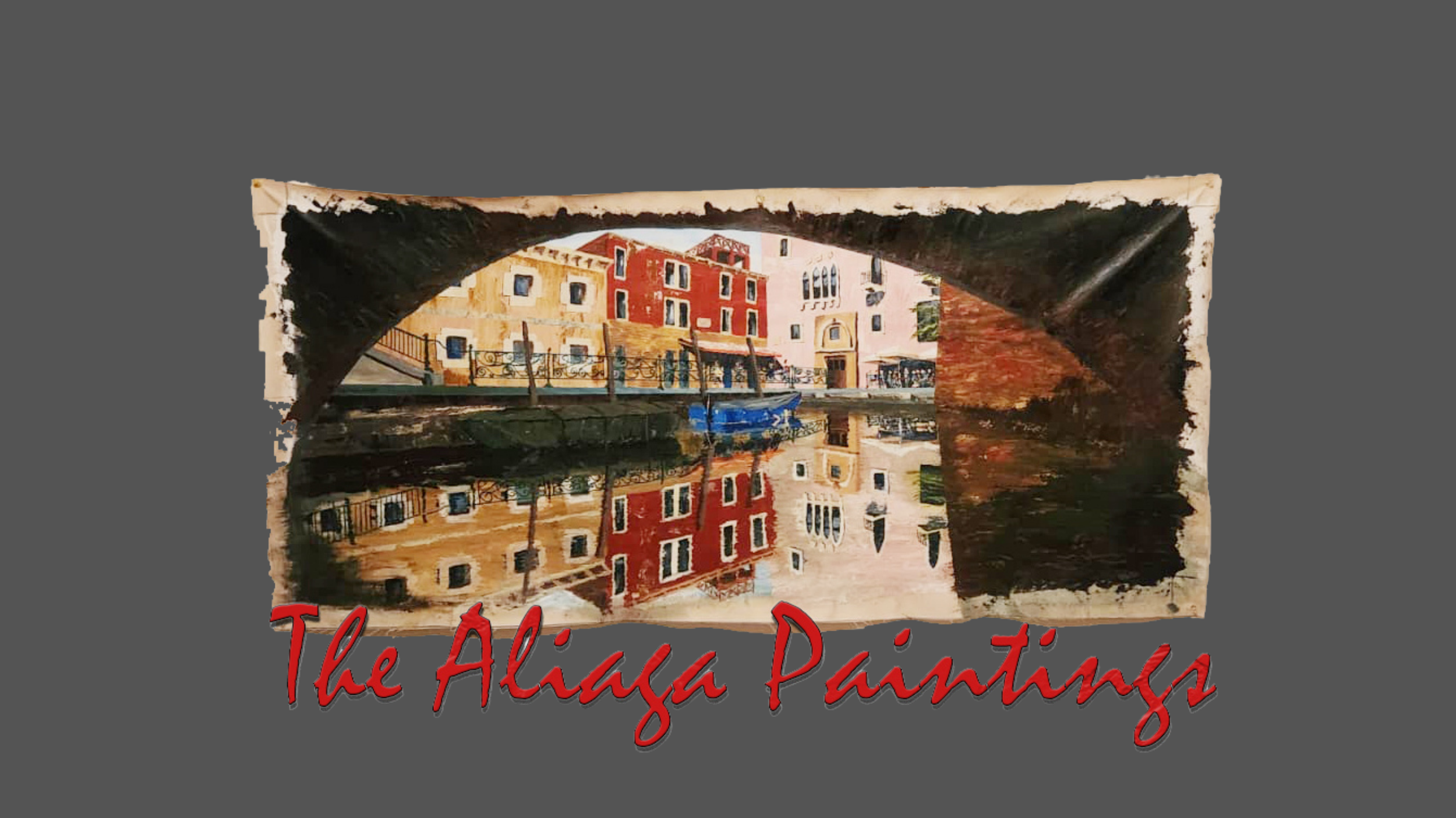 A painting of a canal scene in Venice with colorful buildings, a small boat, and reflections in the water, titled 'The Alaia Paintings' in red script.