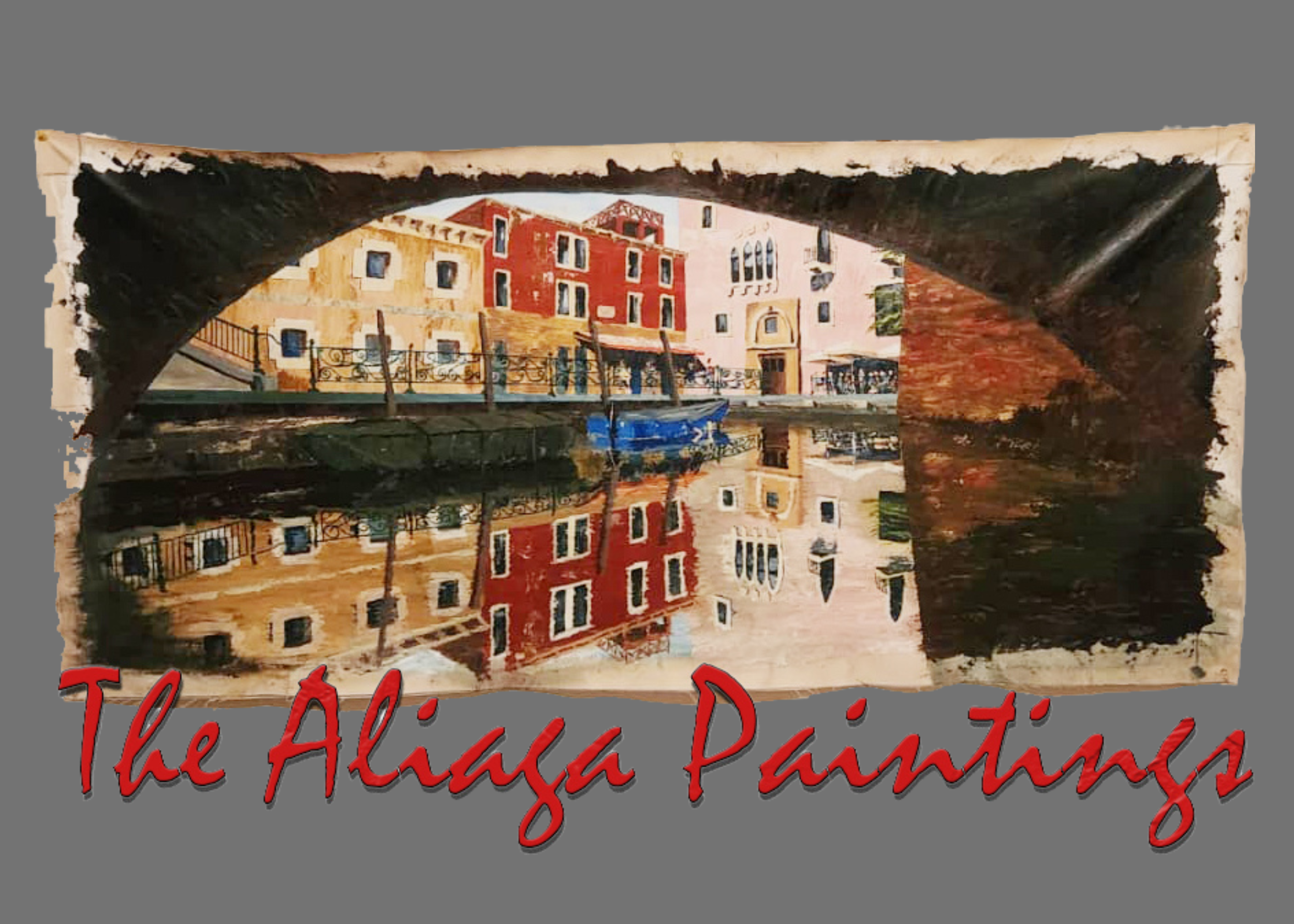 Painted artwork of a canal with colorful buildings, a small boat, and reflection water, titled 'The Alilaga Paintings' in red cursive font at the bottom.