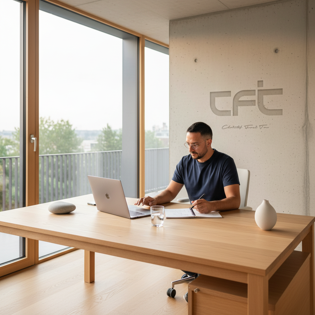 Christof Frei Ton bei der strategischen Arbeit am Tisch mit Notizbuch und Laptop