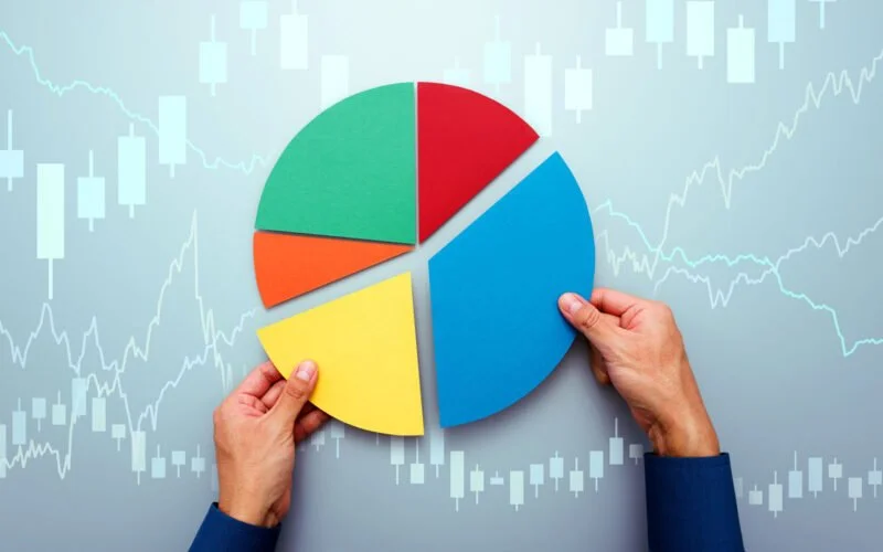 Person holding a multicolored pie chart with a financial chart background.
