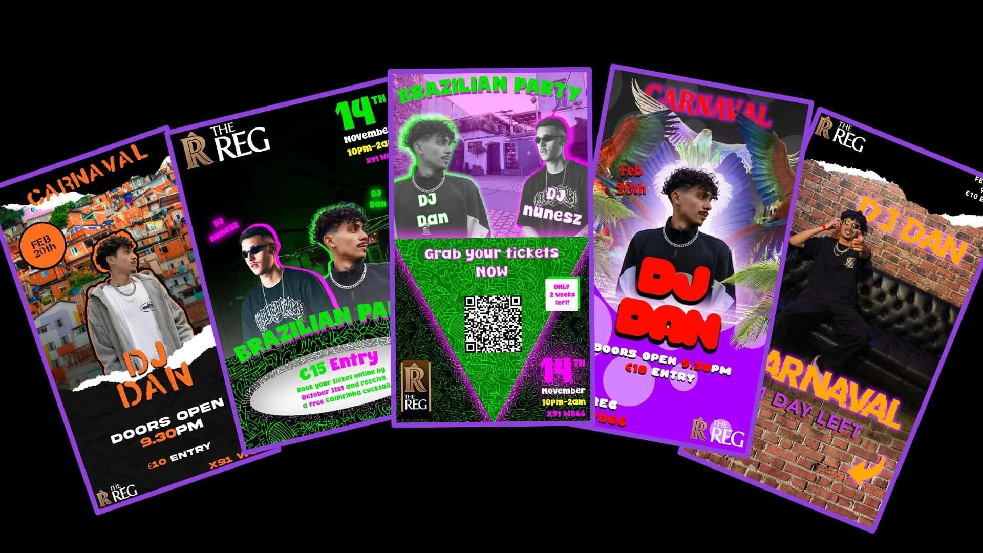 Series of colorful flyers advertising a carnival event with DJ performances, including date, time, entry fee, and ticket information, featuring photos of a young man with curly hair and casual attire.