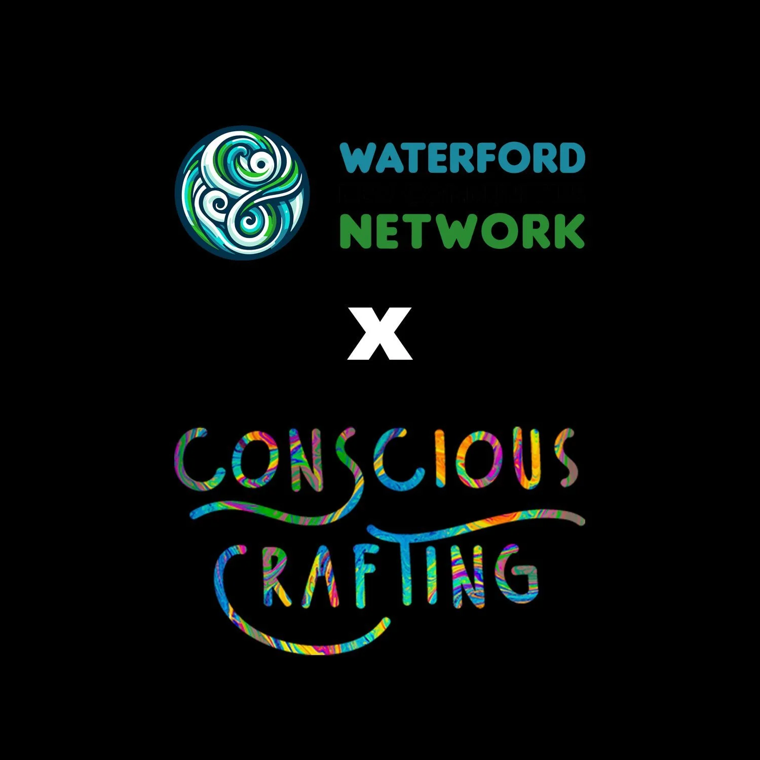 Black background with a colorful, swirly logo and text that says "Waterford Network x Conscious Crafting".
