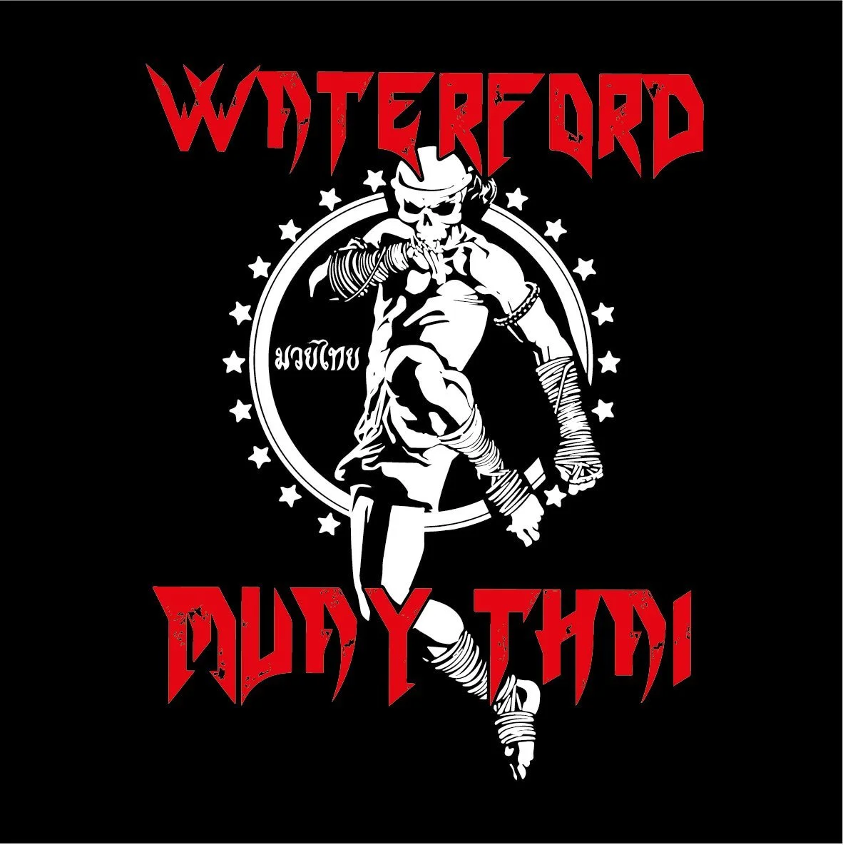 Black background with a white skeleton figure dressed as a Muay Thai fighter, wearing boxing gloves, wraps, and shorts, inside a circle. The skeleton is in a fighting stance with one leg raised. Red text at the top reads 'WATER' and at the bottom 'PUDY THAI.'