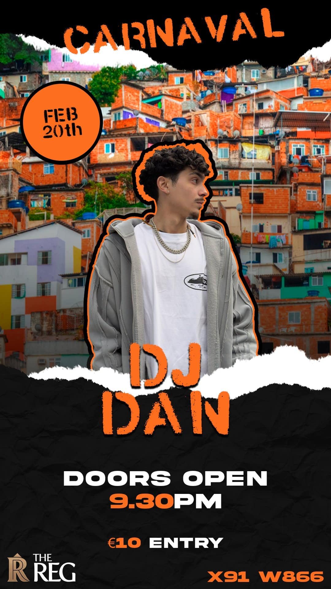 A promotional poster for a DJ event featuring DJ Dan, taking place on February 11, 2011, with doors opening at 9:30 PM, priced at €10 entry, at The Reg, with the address X91 W866. The poster has a background of colorful houses and a young man wearing a silver jacket, white t-shirt, and chain necklace, outlined in black and orange.