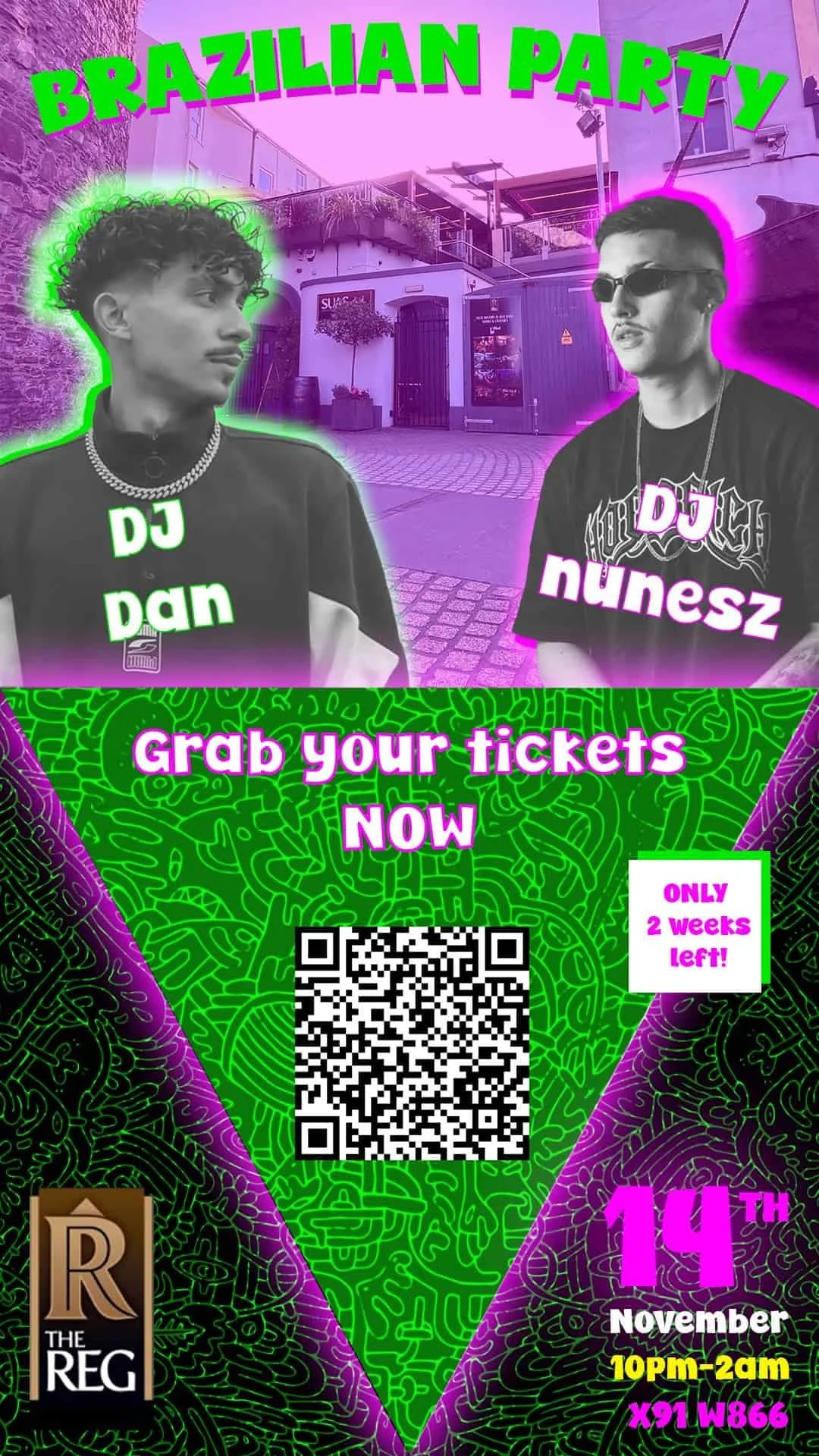 Promotional flyer for a Brazilian party featuring two young men, one with curly hair and chains, and the other with sunglasses, with event details including date, time, location, and a QR code.