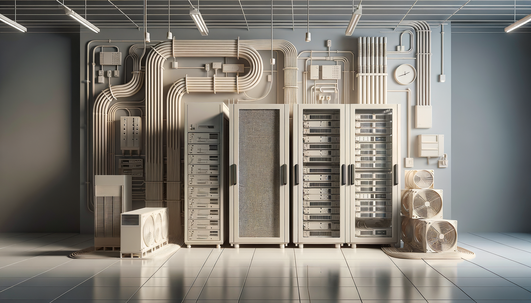 A technology room with server racks, electrical wiring, and cooling units.