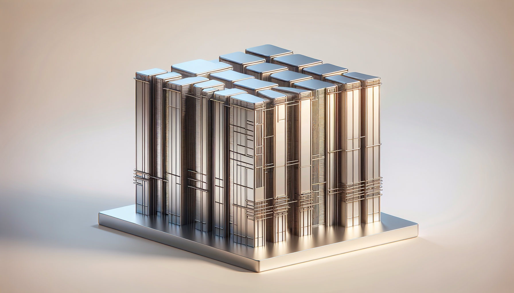 A miniature model of a modern cityscape with tall metallic skyscrapers on a white base.