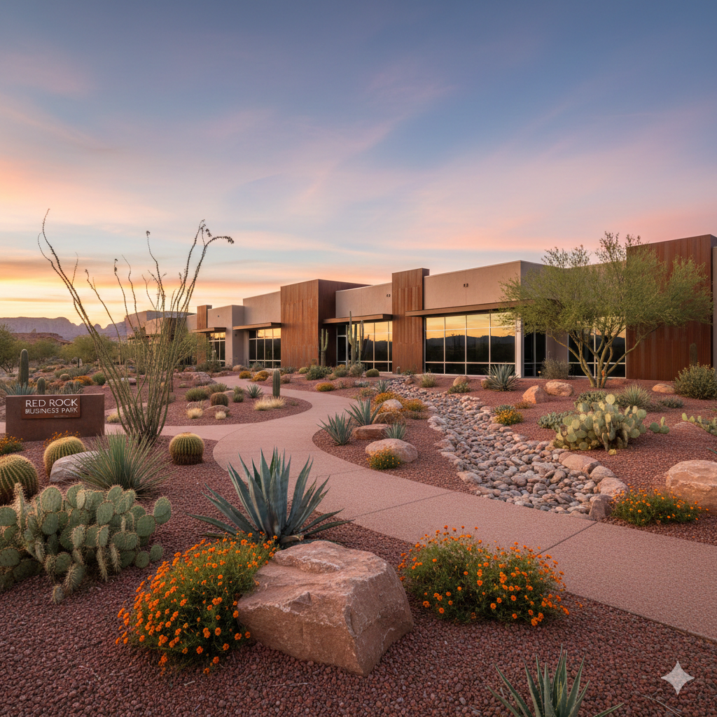 Modern office building with large glass windows, surrounded by a desert landscape with cacti, rocks, and low shrubs, during sunset with a pink and blue sky.