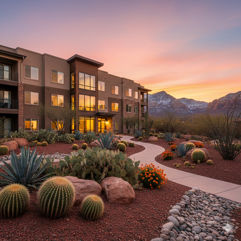 A modern residential building with large windows and balconies, set against a mountain landscape during sunset. The landscaped foreground features desert plants such as cacti and agaves, with a winding concrete walkway.