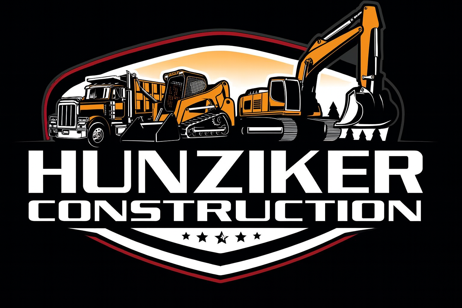 Logo for Hunziker Construction featuring a truck, bulldozer, and excavator above the company name