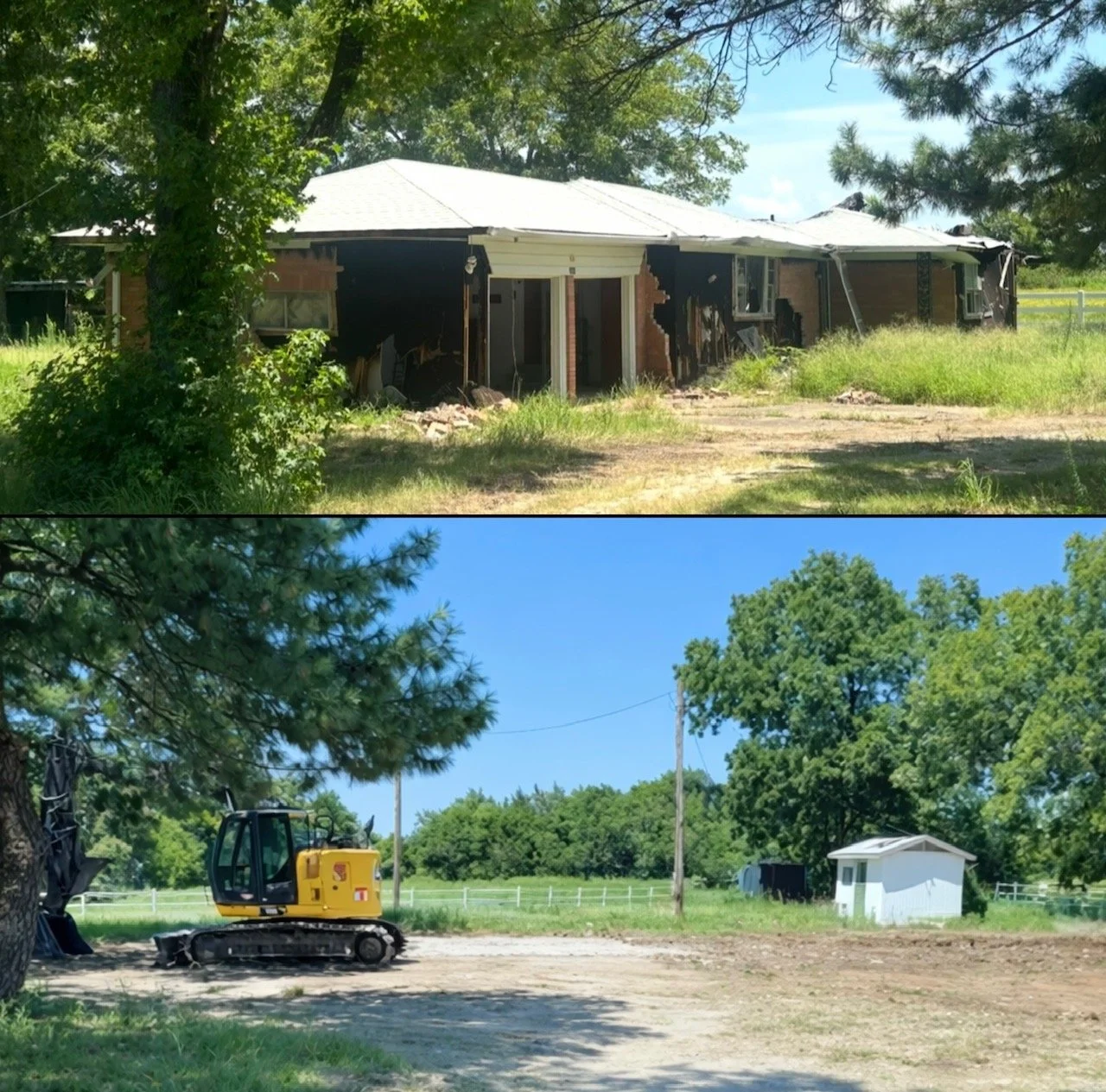 Comparison of a house before and after demolition: top shows a severely burned house with charred walls and broken windows, while bottom shows a construction site with a small white shed, a yellow excavator, and lush green trees in the background.