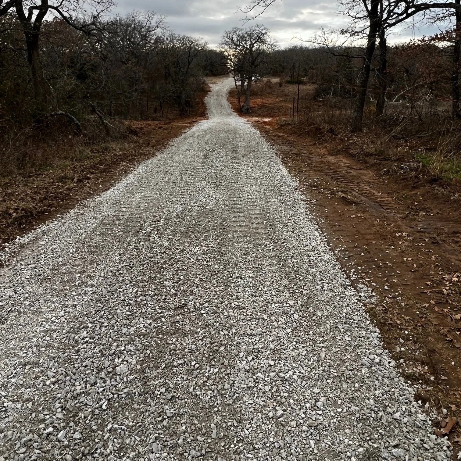 A gravel driveway winding through a rural area with leafless trees on either side under an overcast sky.