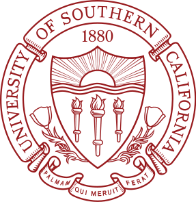Seal of the University of Southern California featuring a shield with a sun rising over a book, three torches, and a laurel branch, with the university's name and founding year 1880 around the shield.