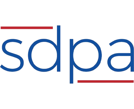 SDPA logo with blue lowercase letters and red and blue lines above and below the text.
