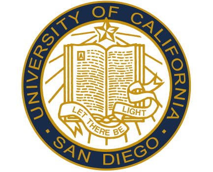 Seal of the University of California, San Diego featuring an open book, a star, and a banner with the motto "Let there be light".