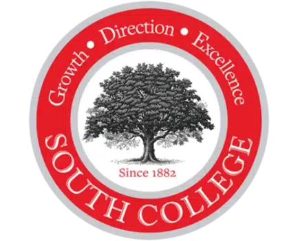 Logo of South College featuring a black tree inside a white circle, surrounded by a red ring with the words 'Growth', 'Direction', 'Excellence', and 'South College', along with the founding year 1882.