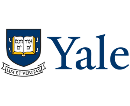 Yale University logo with shield, an open book, and 'Lux et Veritas' banner.
