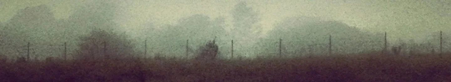 Dark, blurry landscape with a fence and some trees in the distance.