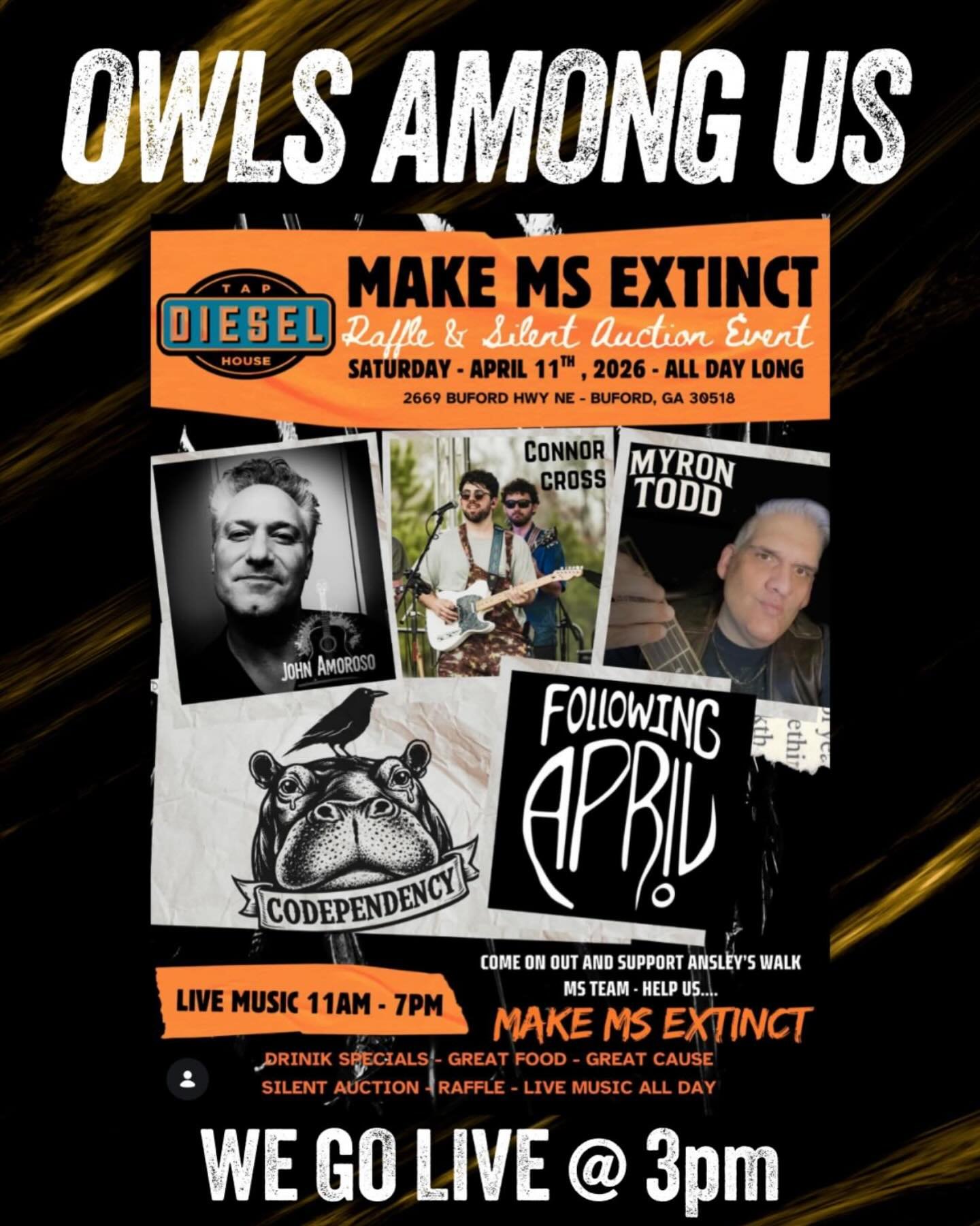 Owls Among Us debut show is going down.

Sat, April 11 &bull; 3PM at Diesel Tap House (Buford) &mdash; come hang for live music, drink specials, great food, and a good cause (Make MS Extinct charity event). We&rsquo;re sharing the bill with Codepende