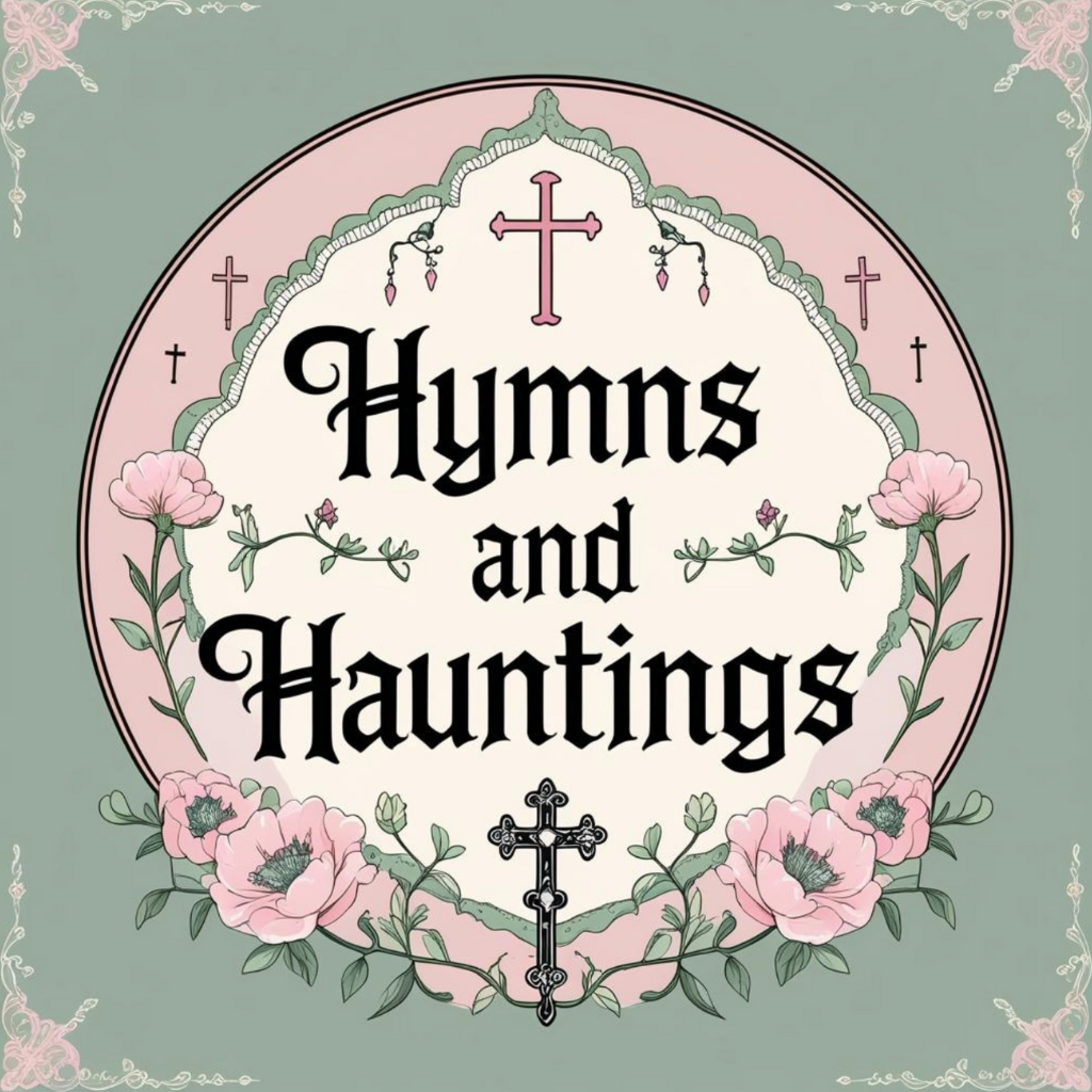 A decorative cover design with pink flowers, crosses, and white ornate border, featuring the text 'Hymns and Hauntings' in bold black Gothic font.