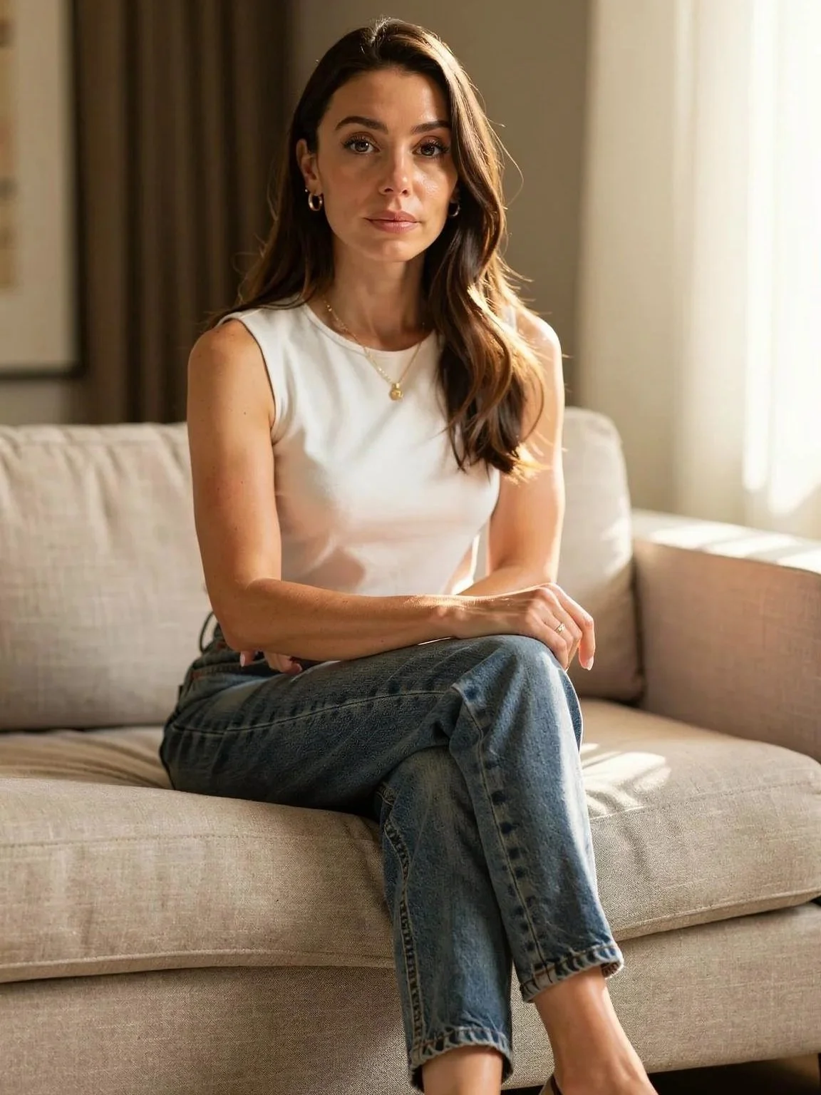 Raychl Fox is sitting on a beige sofa in a room with natural light, wearing a white sleeveless top and blue jeans, with long brown hair, earrings, and a necklace.